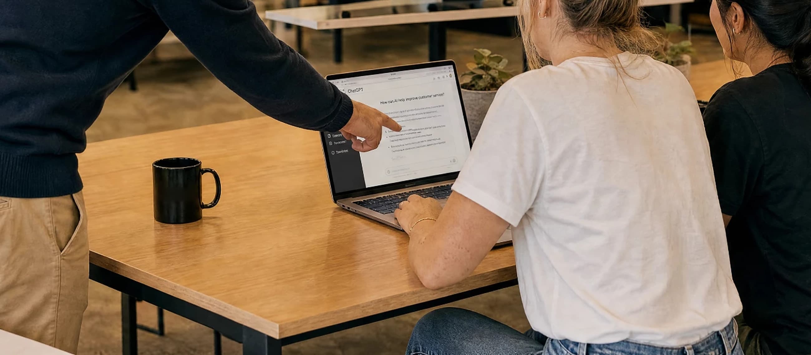 A consultant points at a laptop screen while a woman types into an AI chat